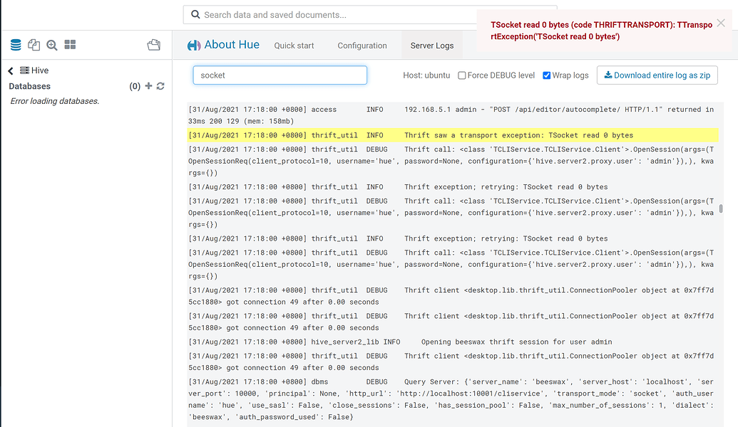 TSocket read 0 bytes Administrator installation, configuration Hue